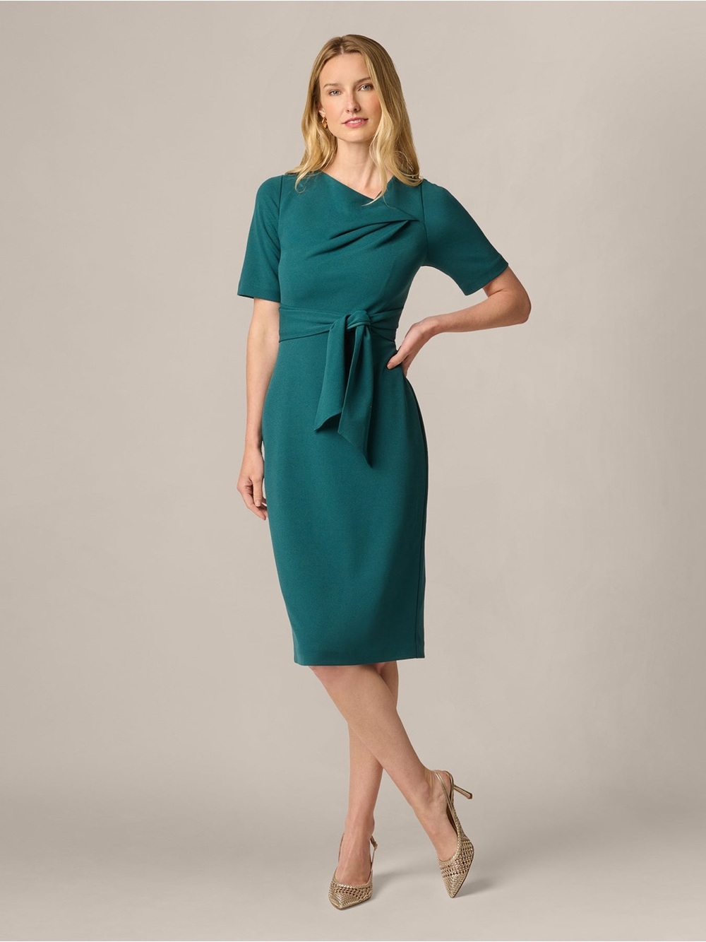 Adrianna Papell Hunter Green Tie Front Midi Sheath Dress Size 6 NWT Cocktail MOB